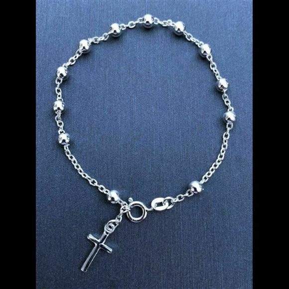 4mm Rosary Bead Rosario Cross Bracelet Genuine Solid 925 Sterling Silver… - Picture 3 of 9